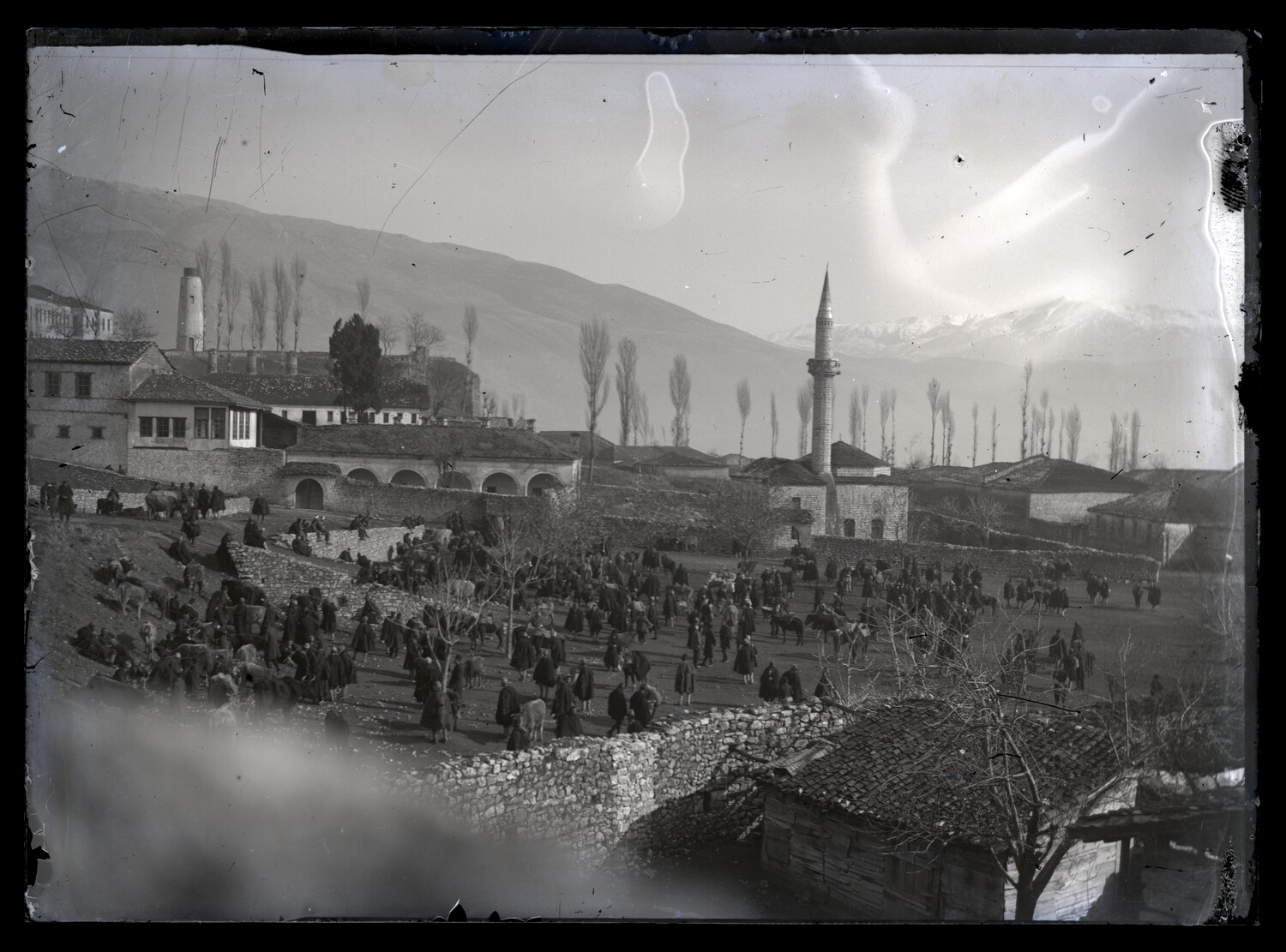 Vedere asupra orașului Ioannina, cu minaret și munți înzăpeziți în fundal