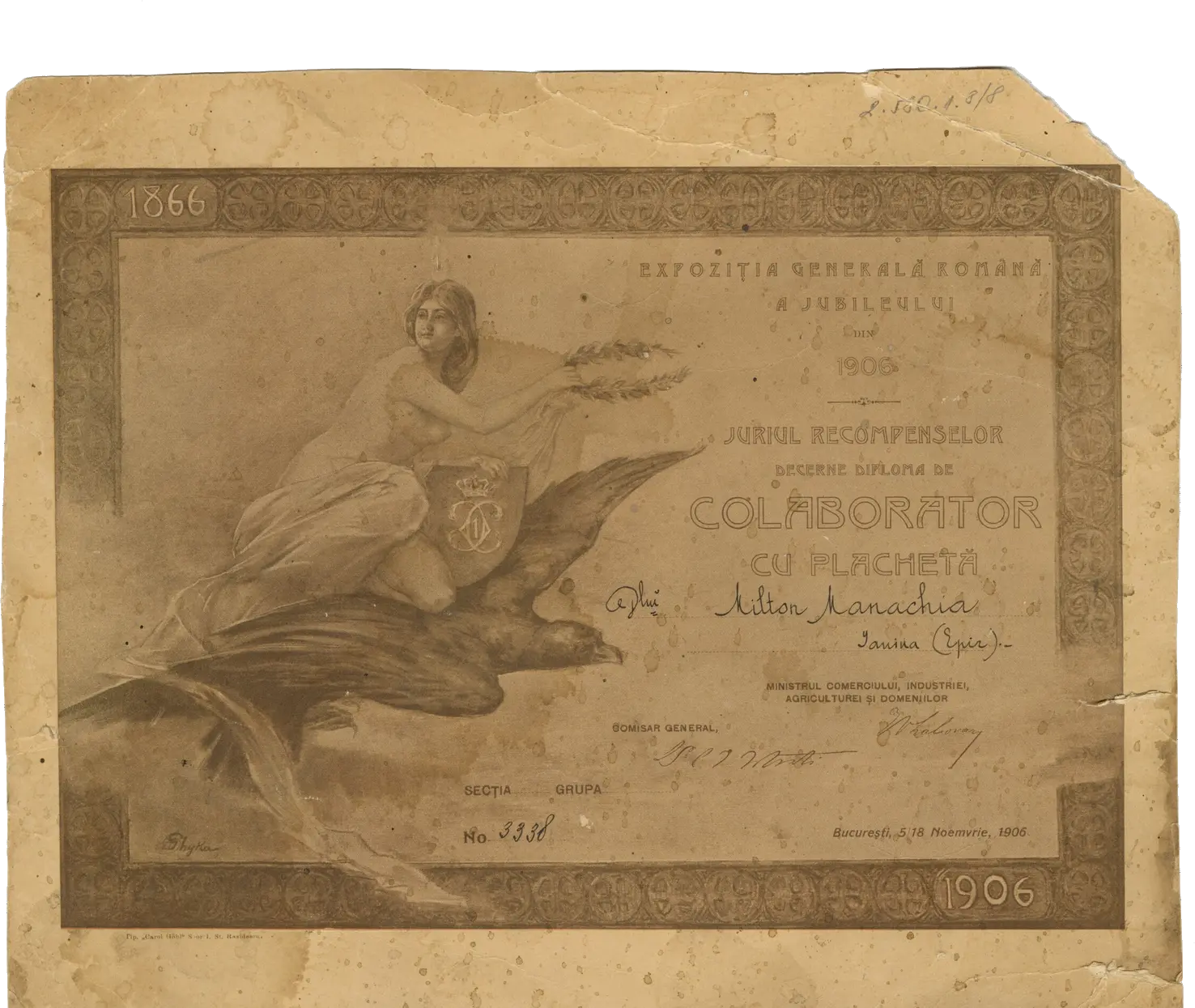 Diplomă litografiată a Expoziției Generale Române din 1906, pe hârtie îngălbenită, cu colțul rupt