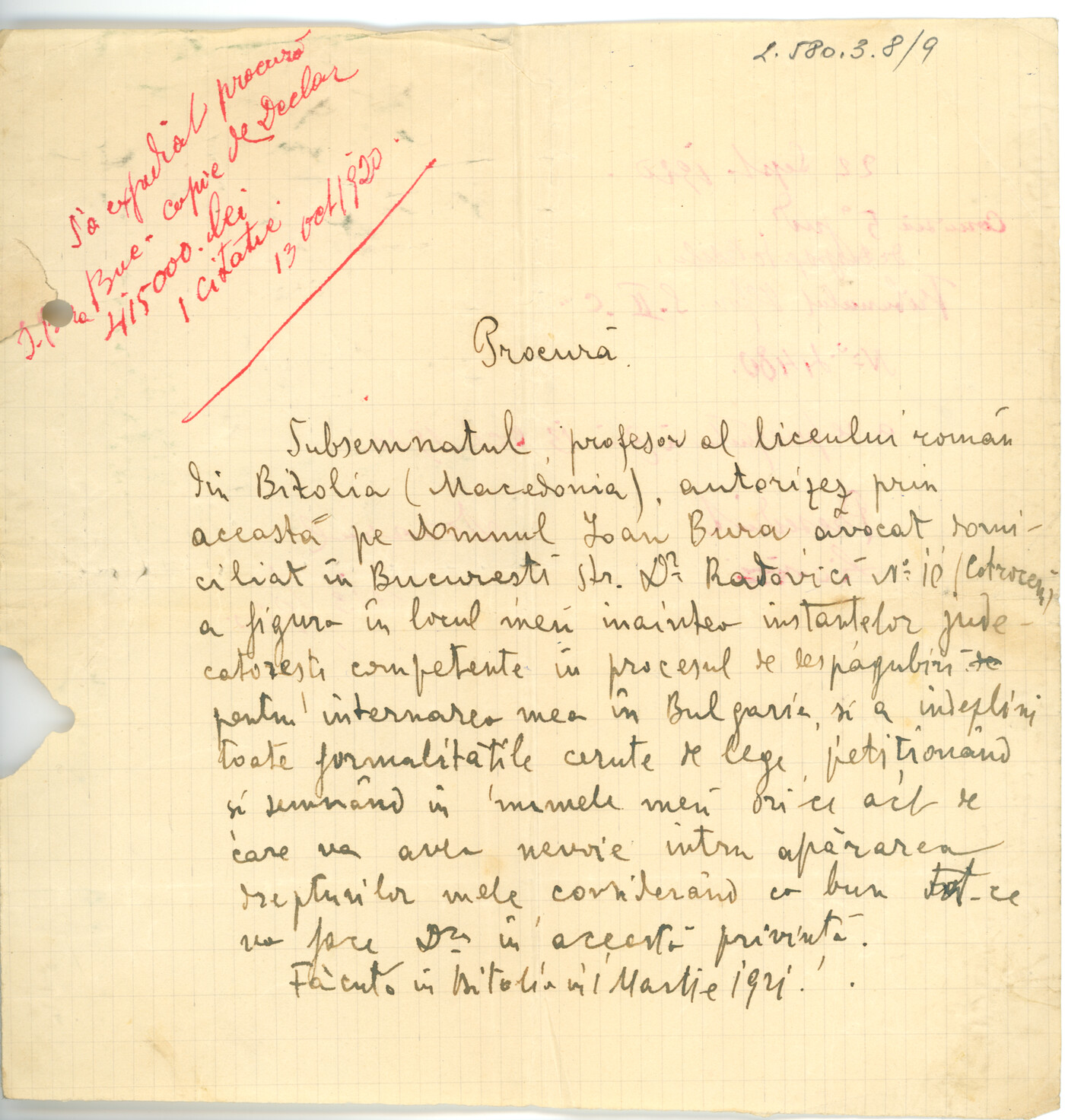 Procură scrisă de mână pe hârtie de caiet, cu însemnări cu cerneală roșie