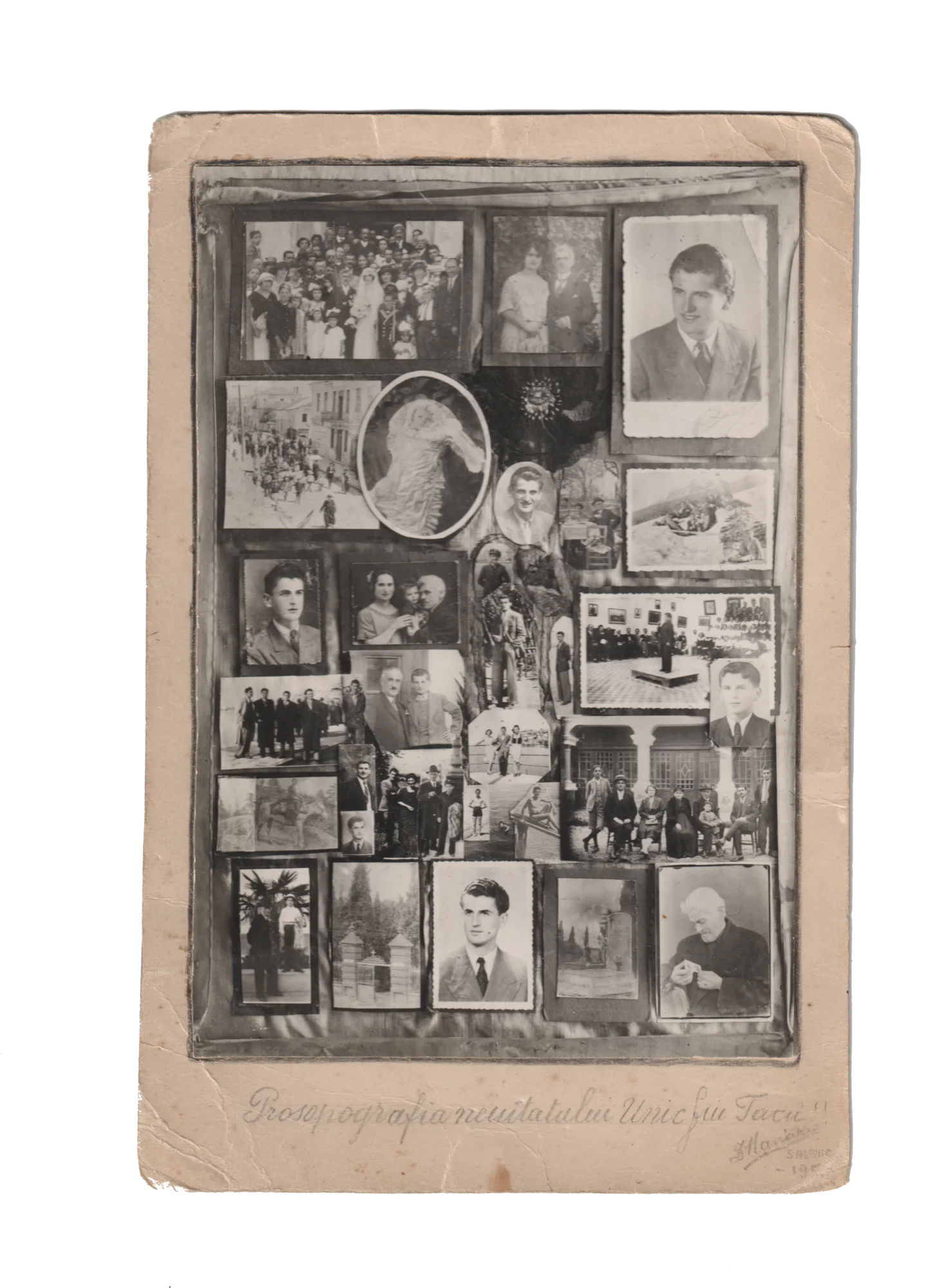 Carton montat cu numeroase fotografii mici ale aceluiași tânăr, cu inscripție olografă dedesubt